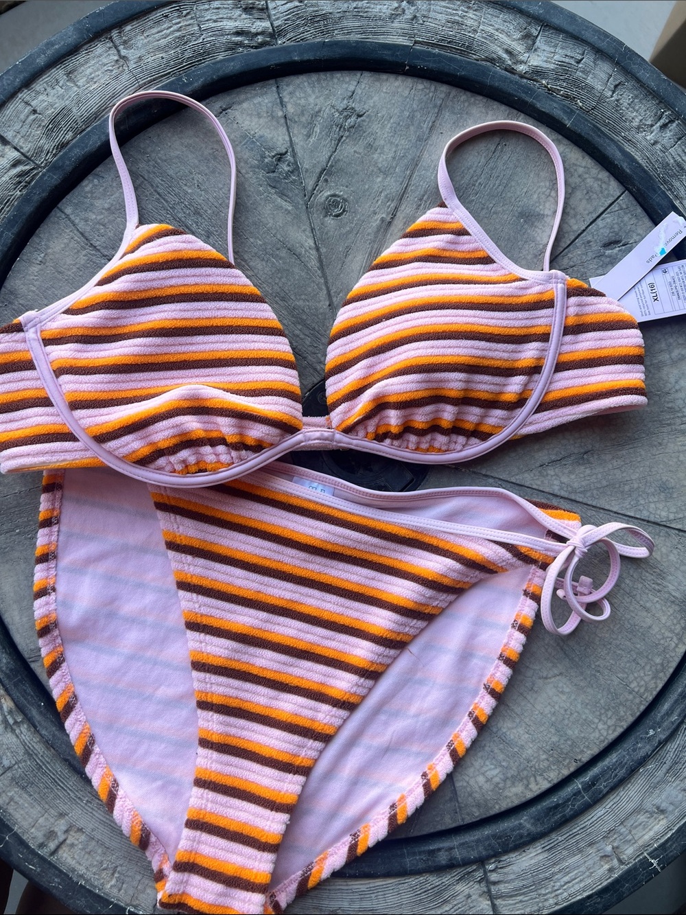 Pink, Orange & Brown Striped Bikini Terry fabric XL B4